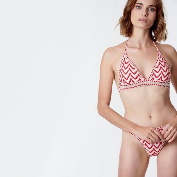 NWT Sugarfree crochet accented red & cream bikini top & bottom set - Picture 2 of 11